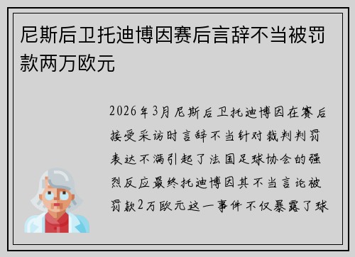 尼斯后卫托迪博因赛后言辞不当被罚款两万欧元 尼斯后卫托迪博因赛后言辞不当被罚款两万欧元